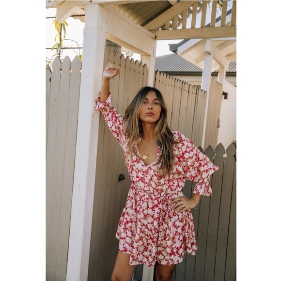 Barefoot Blonde Palm Beach Leilani Dress Pink White Floral Boho Tiered Rayon XS - Picture 14 of 15